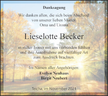 Traueranzeige von Lieselotte Becker von Mitteldeutsche Zeitung Halle/Saalkreis