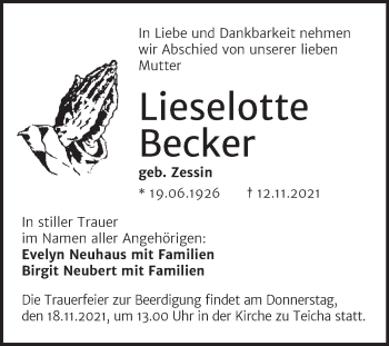 Traueranzeige von Lieselotte Becker von Mitteldeutsche Zeitung Halle/Saalkreis