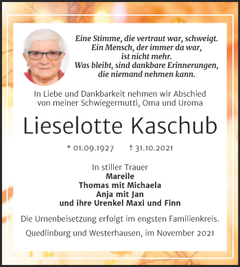 Traueranzeige von Lieselotte Kaschub von Trauerkombi Quedlinburg