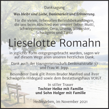 Traueranzeige von Lieselotte Romahn von Trauerkombi Mansfelder Land