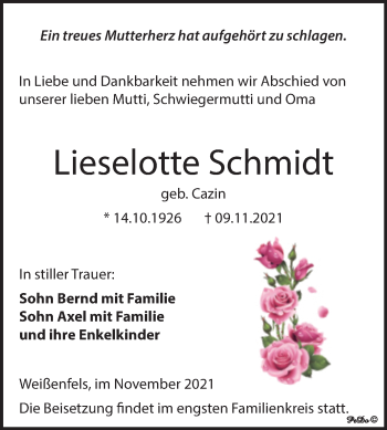 Traueranzeige von Lieselotte Schmidt von Trauerkombi Weißenfels
