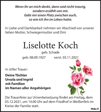 Traueranzeige von Liselotte Koch von Trauerkombi Weißenfels