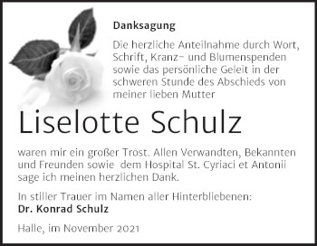 Traueranzeige von Liselotte Schulz von Mitteldeutsche Zeitung Halle/Saalkreis
