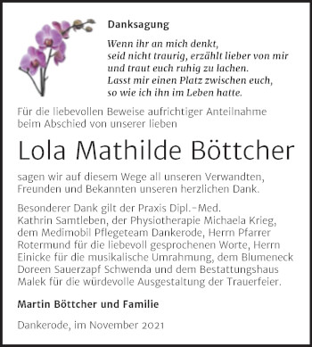 Traueranzeige von Lola Mathilde Böttcher von Trauerkombi Quedlinburg