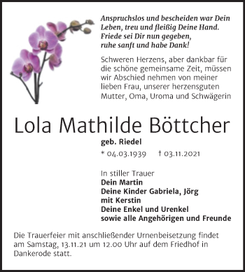 Traueranzeige von Lola Mathilde Böttcher von Mitteldeutsche Zeitung Quedlingburg