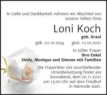 Traueranzeige von Loni Koch von Mitteldeutsche Zeitung Sangerhausen