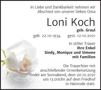 Traueranzeige von Loni Koch von Trauerkombi Sangerhausen