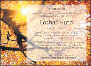 Traueranzeige von Lothar Huth von Trauerkombi Wittenberg