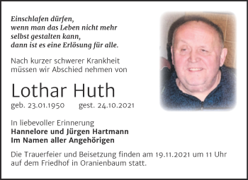 Traueranzeige von Lothar Huth von Trauerkombi Wittenberg