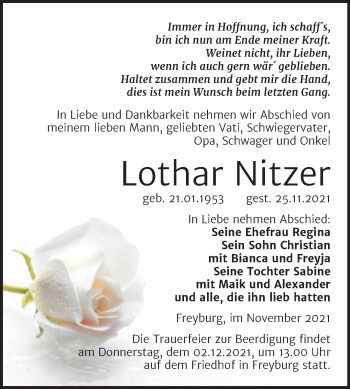 Traueranzeige von Lothar Nitzer von Naumburger Tageblatt