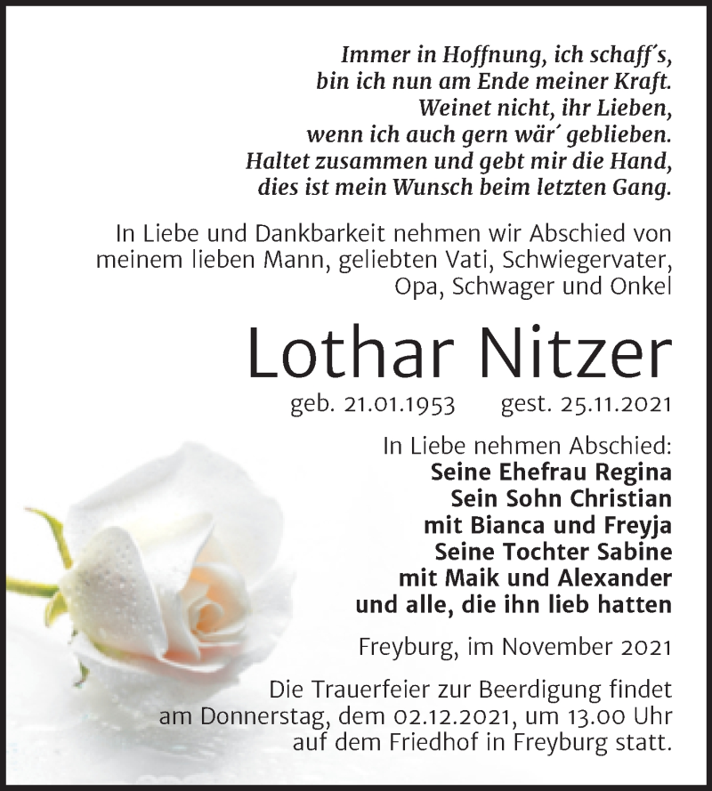  Traueranzeige für Lothar Nitzer vom 30.11.2021 aus Naumburger Tageblatt