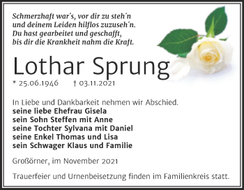 Traueranzeige von Lothar Sprung von Trauerkombi Mansfelder Land