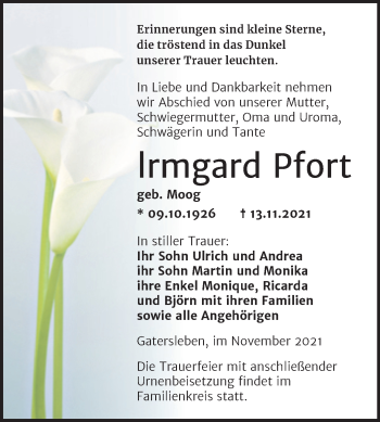 Traueranzeige von lrmgard Pfort von Trauerkombi Aschersleben