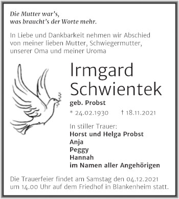 Traueranzeige von lrmgard Schwientek von Trauerkombi Sangerhausen