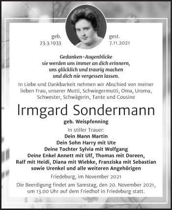 Traueranzeige von lrmgard Sondermann von Trauerkombi Mansfelder Land