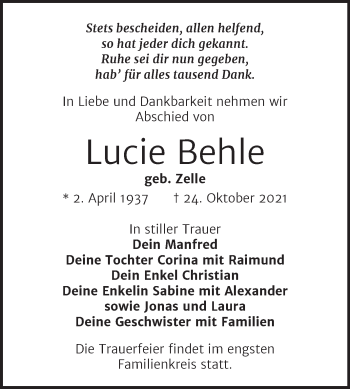 Traueranzeige von Lucie Behle von Trauerkombi Weißenfels