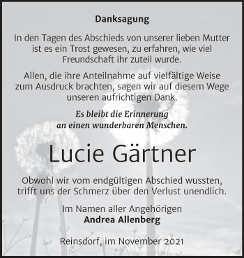 Traueranzeige von Lucie Gärtner von Mitteldeutsche Zeitung Köthen