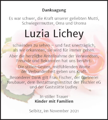 Traueranzeige von Luzia Lichey von Trauerkombi Wittenberg