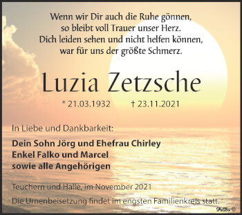 Traueranzeige von Luzia Zetzsche von Trauerkombi Weißenfels