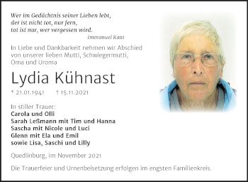 Traueranzeige von Lydia Kühnast von Trauerkombi Quedlinburg