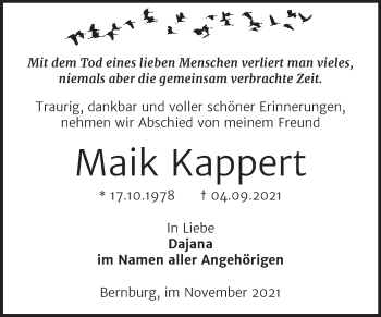 Traueranzeige von Maik Kappert von Trauerkombi Bernburg