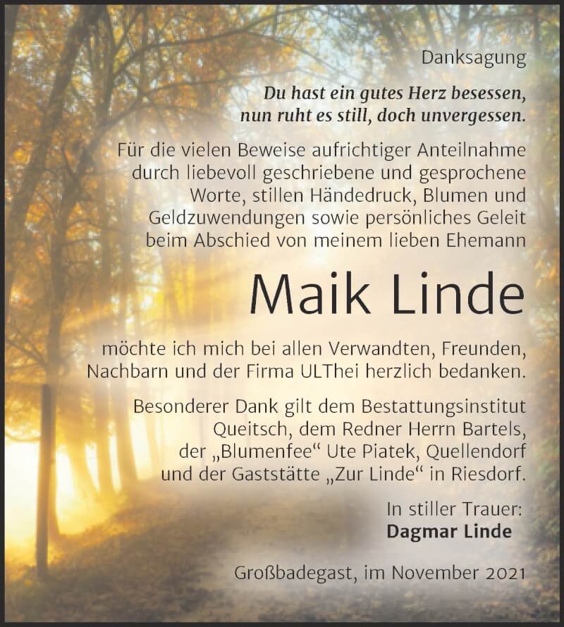  Traueranzeige für Maik Linde vom 27.11.2021 aus Trauerkombi Köthen