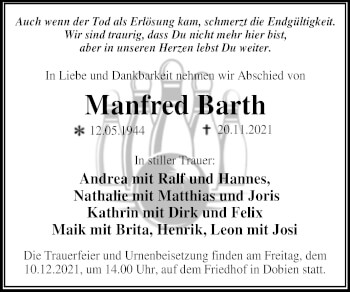 Traueranzeige von Manfred Barth von Trauerkombi Wittenberg