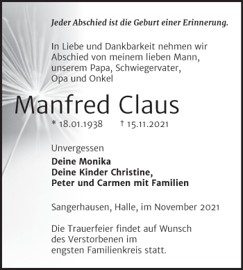 Traueranzeige von Manfred Claus von Trauerkombi Sangerhausen