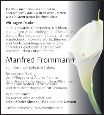 Traueranzeige von Manfred Frommann von Trauerkombi Wittenberg