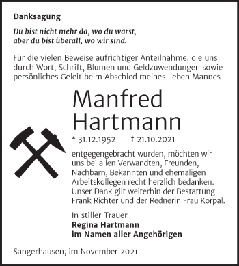 Traueranzeige von Manfred Hartmann von Trauerkombi Sangerhausen