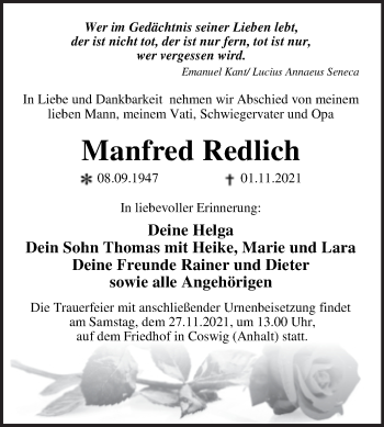 Traueranzeige von Manfred Redlich von Trauerkombi Wittenberg