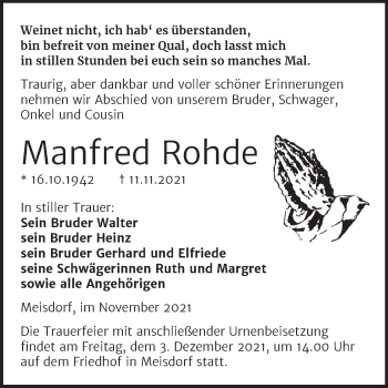 Traueranzeige von Manfred Rohde von Trauerkombi Quedlinburg