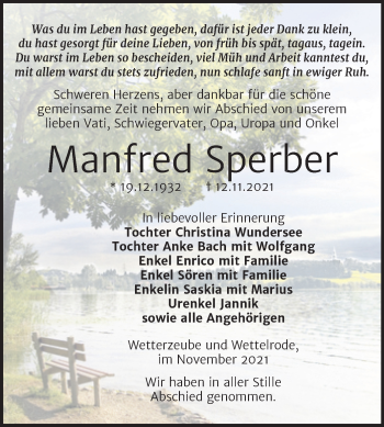Traueranzeige von Manfred Sperber von Trauerkombi Zeitz