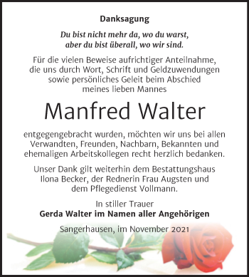 Traueranzeige von Manfred Walter von Trauerkombi Sangerhausen