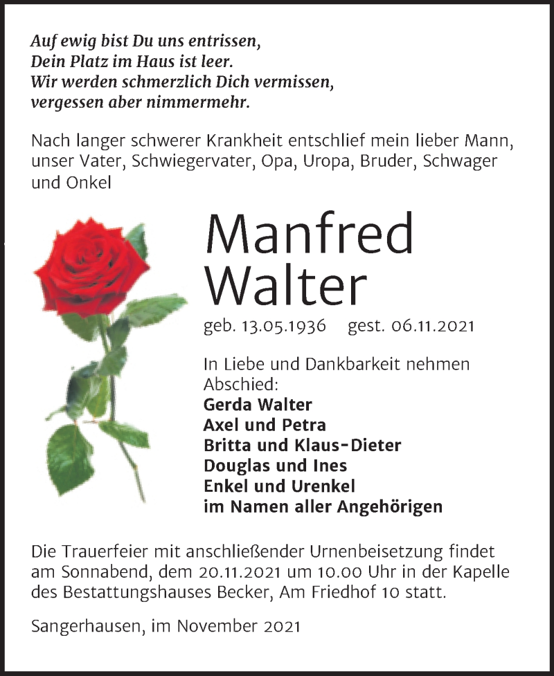  Traueranzeige für Manfred Walter vom 12.11.2021 aus Trauerkombi Sangerhausen
