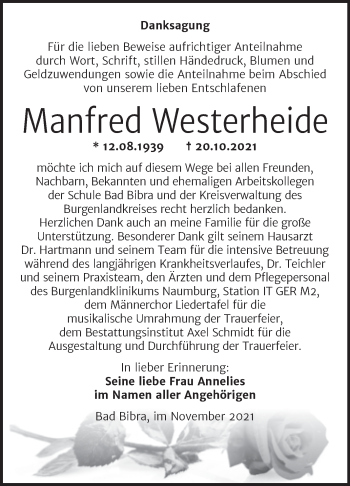 Traueranzeige von Manfred Westerheide von Naumburger Tageblatt