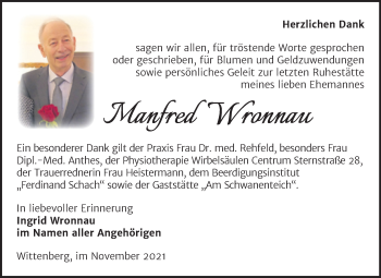 Traueranzeige von Manfred Wronnau von Trauerkombi Wittenberg