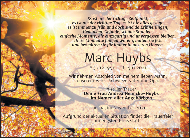  Traueranzeige für Marc Huybs vom 20.11.2021 aus Naumburger Tageblatt