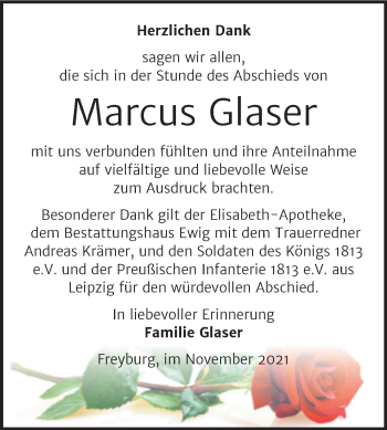 Traueranzeige von Marcus Glaser von Wochenspiegel Naumburg/Nebra