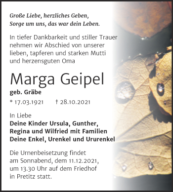 Traueranzeige von Marga Geipel von Mitteldeutsche Zeitung Merseburg/Querfurt