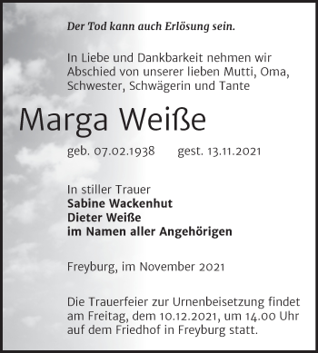 Traueranzeige von Marga Weiße von Naumburger Tageblatt