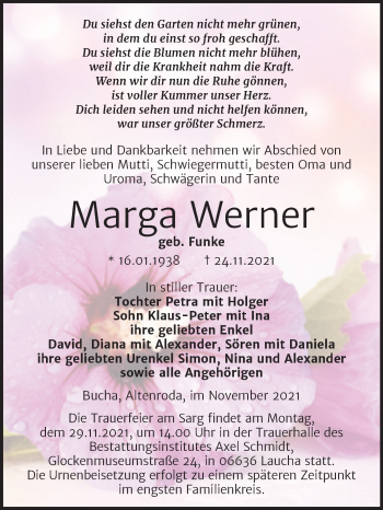 Traueranzeige von Marga Werner von Naumburger Tageblatt