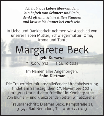 Traueranzeige von Margarete Beck von Trauerkombi Wittenberg