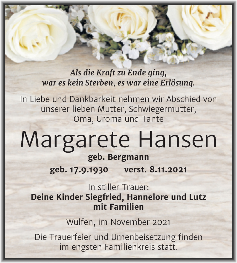  Traueranzeige für Margarete Hansen vom 13.11.2021 aus Trauerkombi Köthen
