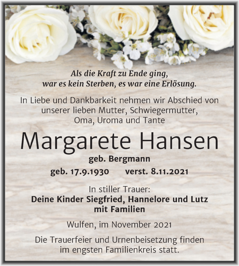  Traueranzeige für Margarete Hansen vom 11.11.2021 aus Trauerkombi Köthen
