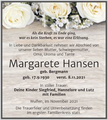 Traueranzeige von Margarete Hansen von Trauerkombi Köthen