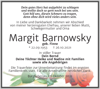 Traueranzeige von Margit Barnowsky von Trauerkombi Merseburg