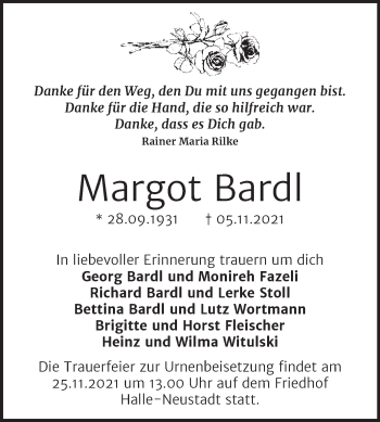 Traueranzeige von Margot Bardl von Mitteldeutsche Zeitung Halle/Saalkreis