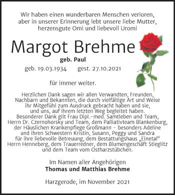 Traueranzeige von Margot Brehme von Trauerkombi Quedlinburg