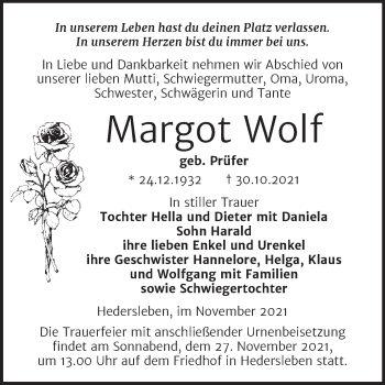 Traueranzeige von Margot Wolf von Trauerkombi Quedlinburg